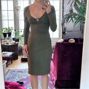 olive green long sleeve bodycon midi dress